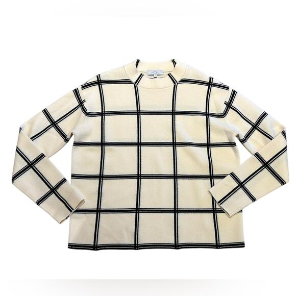Pearl by Lela Rose Women’s Medium Ivory & Black Plaid Wool Mock Neck Sweater - Picture 1 of 5